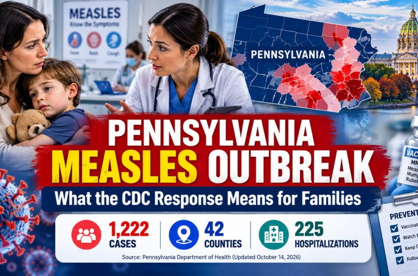 Pennsylvania measles outbreak 2026 showing CDC response, families, MMR vaccination and statewide case figures