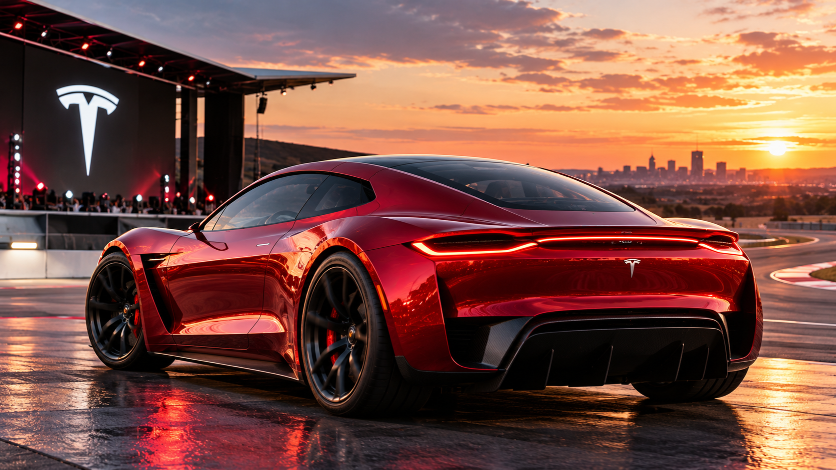 Red Tesla Roadster electric supercar at a reveal event on a racetrack