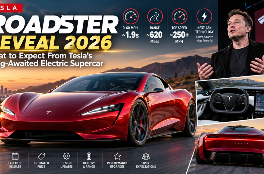Tesla Roadster 2026 reveal with performance specifications and red electric supercar