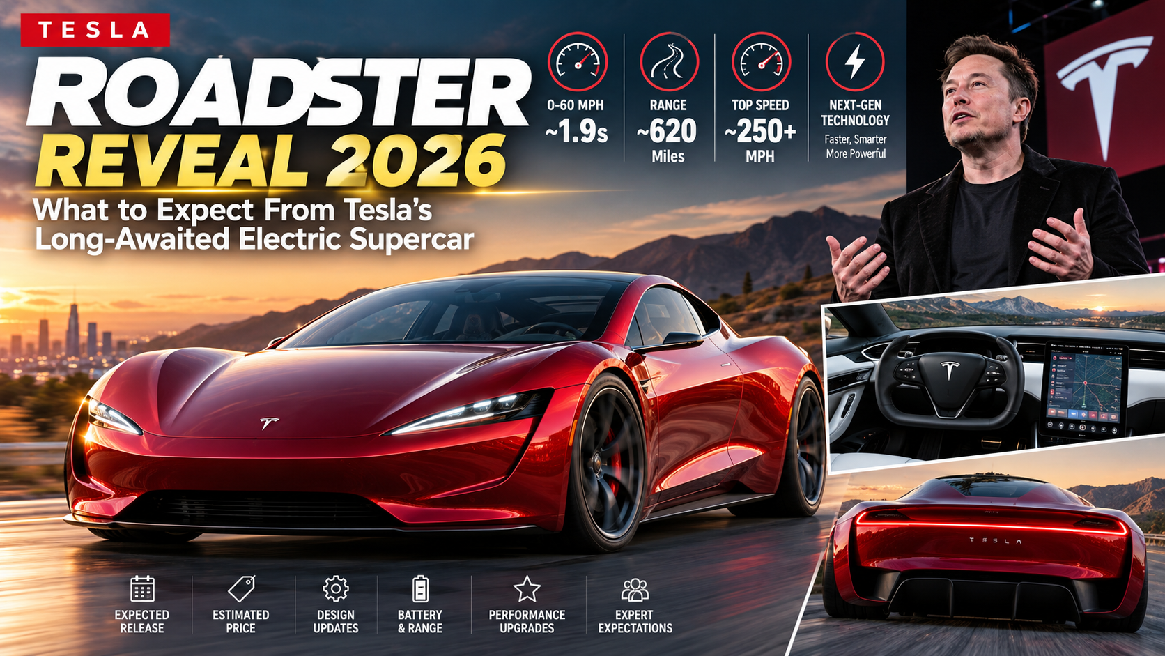 Tesla Roadster 2026 reveal with performance specifications and red electric supercar